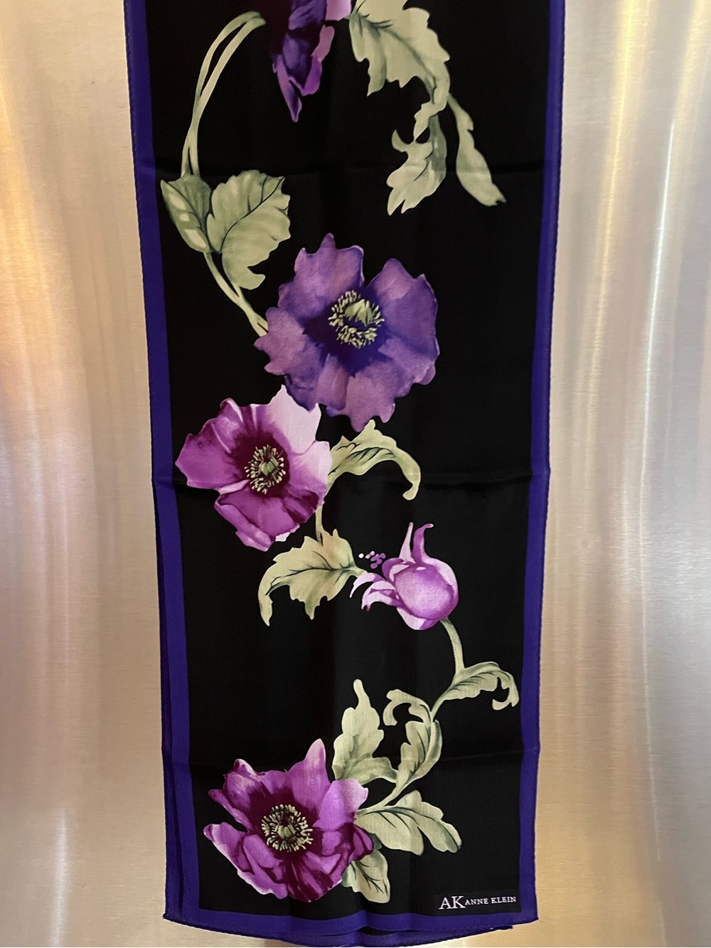 Anne Klein Black Silk Scarf with Bold Purple Floral Print NEW